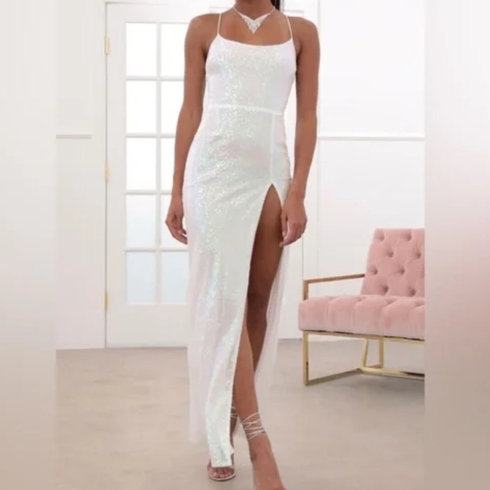 Lucy in the Sky iridescent/white gala sequin luxe maxi dress bachelorette xs